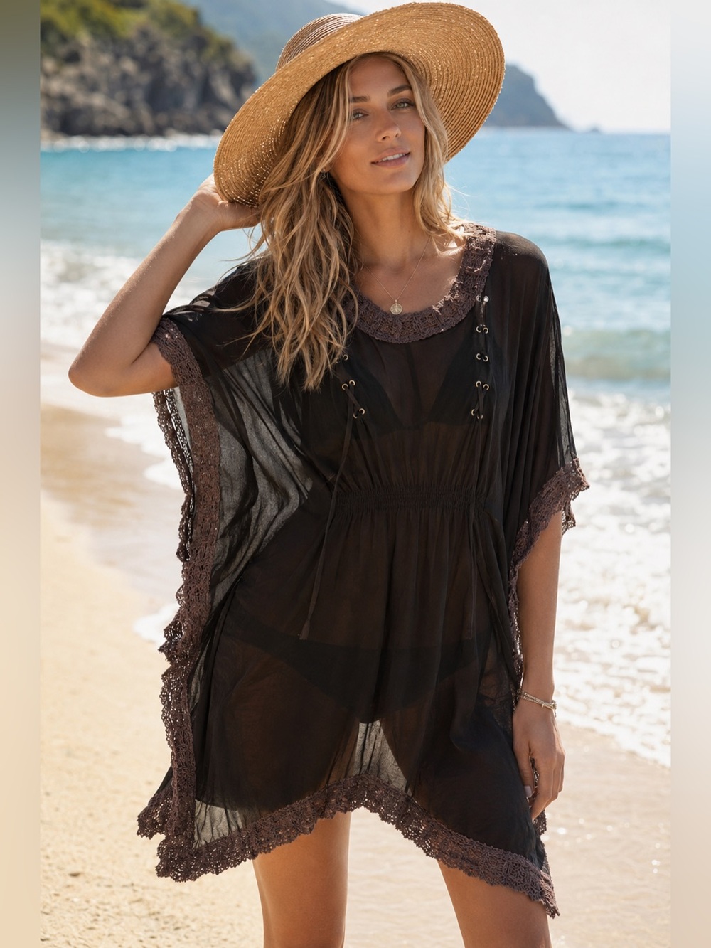 Mono Reno Large Black Sheer Crochet Lace-Up Kaftan Swim Cover Up Tunic Boho